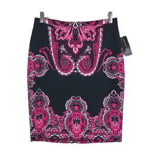 NWT INC Black & Pink Paisley Print Cotton Pencil Skirt Women's Size 4